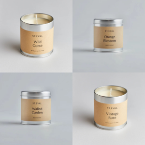 St. Eval scented tin candle in old style packaging, ivory tin with 45-hour burn time, handmade in Cornwall in a variety of fragrances