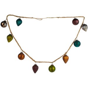 1. Festive bauble garland featuring colourful ribbed and round baubles strung along a plaited jute rope, perfect for Christmas decorating