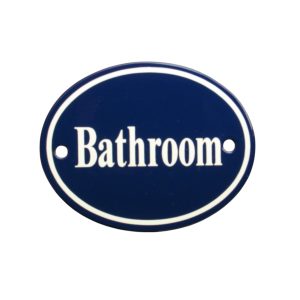 Bathroom sign, inspired by traditional French house signage. Finished in classic blue with crisp white lettering
