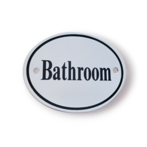 Bathroom sign, inspired by traditional French house signage. Finished in classic white with crisp black lettering