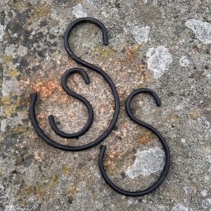 Continental S Hook with decorative curves, 8cm long and 5cm wide, ideal for rustic kitchens, pot racks, or sheds
