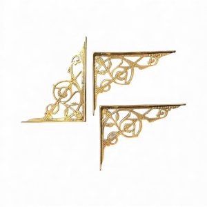 Medium brass Trellis Brackets with vine-and-leaf design, set of three, measuring 19.5 × 14.5 cm, traditionally cast and hand-polished.