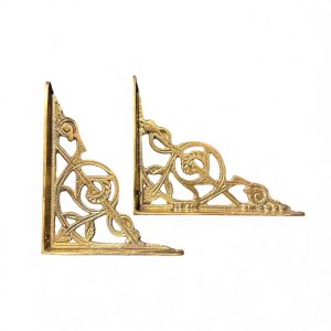 Pair of solid brass trellis brackets featuring decorative swirling foliage pattern, cast in Shropshire, 24 cm by 19 cm.