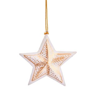 Hand-painted white and gold Kashmiri star with gold hanging thread and red tassel. Carved fruit wood, varnished, elegant festive décor.