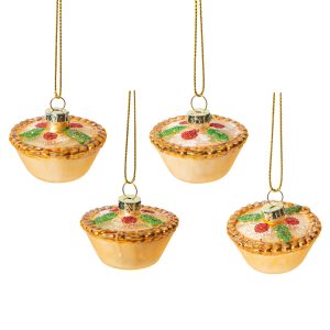 3. Mini mince pie Christmas decorations made from delicate glass, perfect for adding playful charm to festive displays