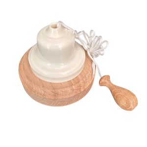 2-way pull switch with brown Bakelite teardrop dome, natural oak base, black cord, and oak toggle