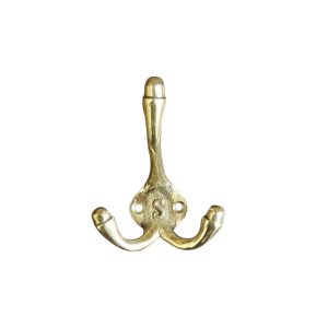 Small solid brass Triple Hook with unlacquered finish and 'S' detail. Ideal for coats, hats, or towels. Hand finished with unique patina. Compact and stylish.