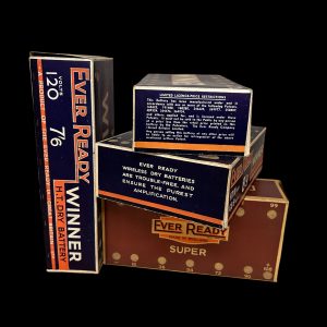 Original Ever Ready Winner H.T. Dry Battery cardboard display boxes with vintage British advertising
