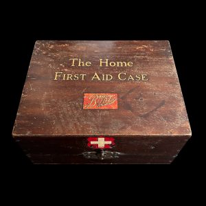 Vintage 1930s Boots wooden first aid box with original medical supplies and paperwork