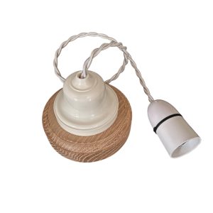 White Bakelite ceiling pendant with natural oak base, white braided flex, and matching B22 lampholder – period reproduction fitting