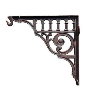 Pair of large cast iron shelf brackets with classical scroll design, top hook, and fixing lugs. 35.5 x 37 cm.