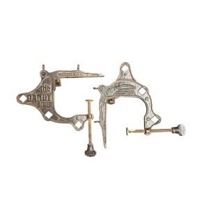 Vintage Dandy Airer bracket pair with G clamp fixing, black painted finish, stamped A H Taylor & Co, Manchester. 21 x 16 cm, rail holes 1 cm square.
