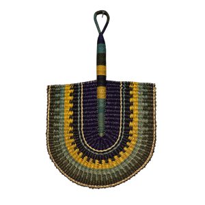 Colourful handwoven Ghanaian fan made from veta vera grass, approx. 47 cm high and 27 cm wide, ideal as a functional fan or wall decor.