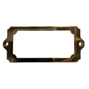 Solid brass card frame holder with scalloped edge, perfect for drawer or cabinet labelling. Heavy-duty, unlacquered, and made in the UK. 120 x 54 mm.