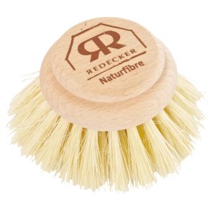 Redecker 50mm dish brush replacement head with untreated beechwood body and Tampico fibre bristles.