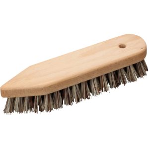 Redecker pointed scrubbing brush with oiled beechwood handle and stiff union fibre bristles, 21 cm long.