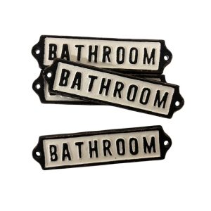 rustic bathroom door sign in black and white