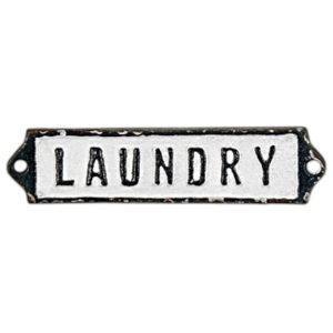 Black and white rustic metal laundry sign with bold black lettering, vintage style door plaque, face fix design, 14.5cm x 3.5cm.