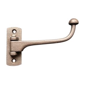 Folding cast iron single hook with rectangular backplate and aged finish, wall-mounted for compact storage