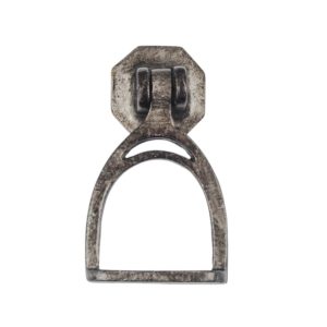 Rustic stirrup-shaped metal drawer handle in grey and gold, vintage equestrian-style cabinet knob, 4cm x 5.5cm x 6.5cm.