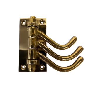 Folding Brass Triple Hook with three arms and an unlacquered brass finish. Ideal for bathrooms, bedrooms, or utility rooms. Folds flat when not in use.