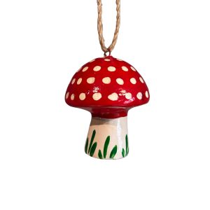 Hand-painted papier mâché toadstool hanging Christmas decoration with red spotted mushroom cap