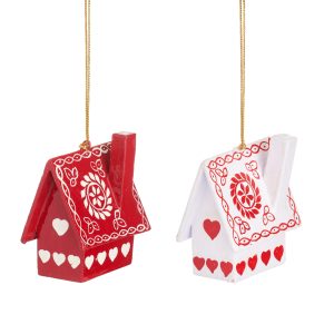 Handcrafted Kashmiri wooden house Christmas decorations in red and white with alpine-style motifs