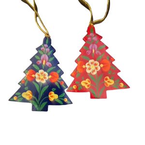handcrafted Kashmiri wooden tree decorations in red and blue with painted floral designs