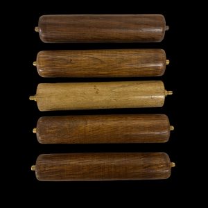 Spare wooden spindle with fixed brass nibs, ideal for toilet roll holders or turning mechanisms, waxed natural wood with vintage-style brass ends