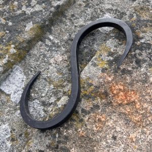 Hand-forged iron S hook made from square bar with black wax finish, 15cm long, ideal for hanging pots, tools, and planters