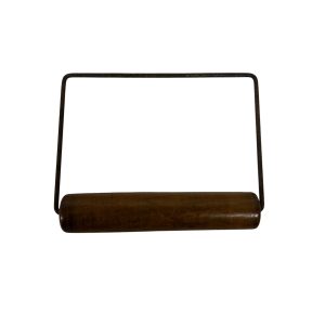 Simple toilet roll holder with wooden spindle and metal wire frame, designed to hang from a hook for easy roll replacement