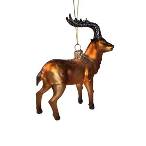 3. Elegant glass deer ornament suspended by gold thread, shimmering under Christmas tree lights with subtle glitter accents