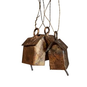 1. Handmade simple bell decoration in distressed gold metal shaped like a small house with metal wire loop for hanging