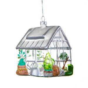 1. Glass greenhouse Christmas decoration featuring coloured panels and glittered details, designed for garden lovers and festive displays