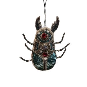 1. Luxurious hand-beaded beetle hanging decoration featuring intricate beadwork in blue, silver, white, grey, and red with six beaded legs