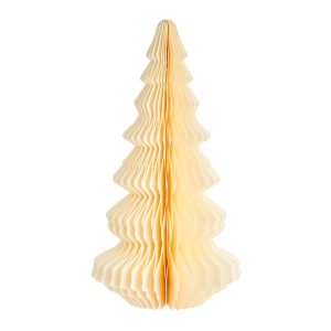 1. Large white honeycomb paper Christmas tree made from recycled materials, displayed standing on a table with delicate folded texture