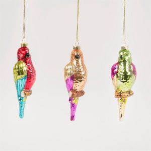 4. Colourful glass parrot Christmas bauble with intricate feather detailing, hand-painted glass decorations that add fun and colour to the Christmas tree