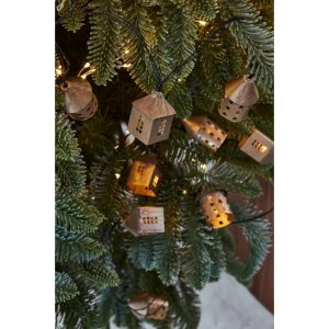 1. Winter Village gold light string by Lightstyle London featuring eight metal house-shaped decorations illuminated with warm white LEDs