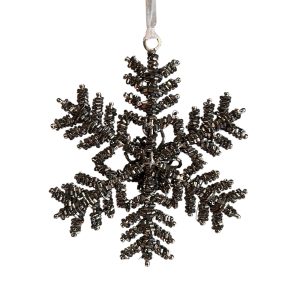 1. Silver beaded snowflake Christmas decoration with metal frame and wire threads, forming an intricate winter design
