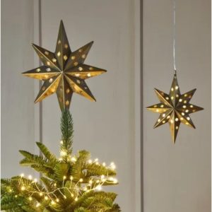 1. Gold distressed metal LED star by Lightstyle London illuminated with 10 warm white LEDs, featuring a pierced pattern for soft ambient light