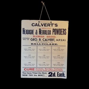 Vintage Calvert’s Headache & Neuralgia Powders advertising board with bold red and blue lettering and original hanging string, 25.5 × 32 cm.