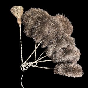 Set of seven vintage brushes with twisted steel wire handles and natural bristle heads, including six round brushes and one bundle-head brush.