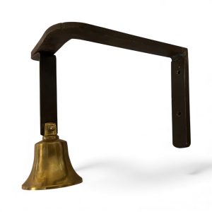 Solid brass shopkeepers bell mounted on a fixed cast iron bracket for door or entrance use.
