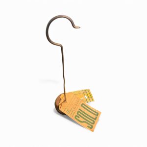 Vintage ticket organiser with wooden base and 27 cm curved metal hook holding old paper tickets