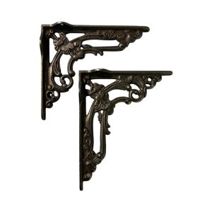 Victorian-style cast iron shelf bracket with ornate floral design, shown in dark waxed metal finish, measuring approximately 125 × 150 mm.