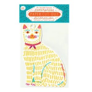Letterpress die-cut cat decoration by Louise Lockhart, printed on recycled card with folk-art inspired design in bold colours.