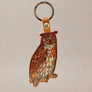 Owl leather key fob burnt orange with gold ring made in Scotland