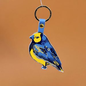 Cornflower blue finch leather key fob with gold plated ring