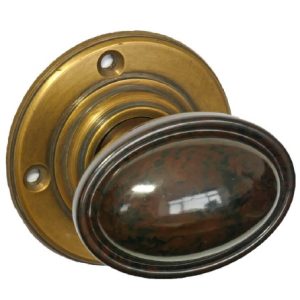 Mottled Brown Real Bakelite Stepped Oval Knob with Antique Brass Rose