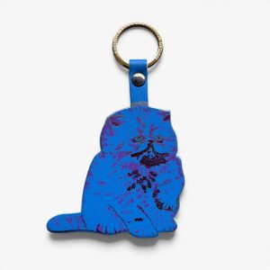 Blue kitten leather key fob with silver and pink metallic detail